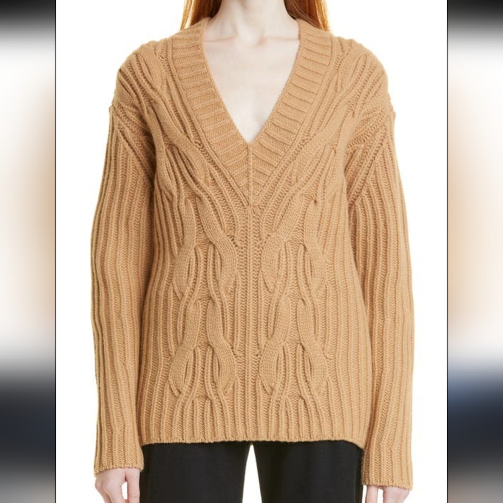 Vince Sweater Wool Cashmere Tan Chunky V Neck Cable Knit Size Medium